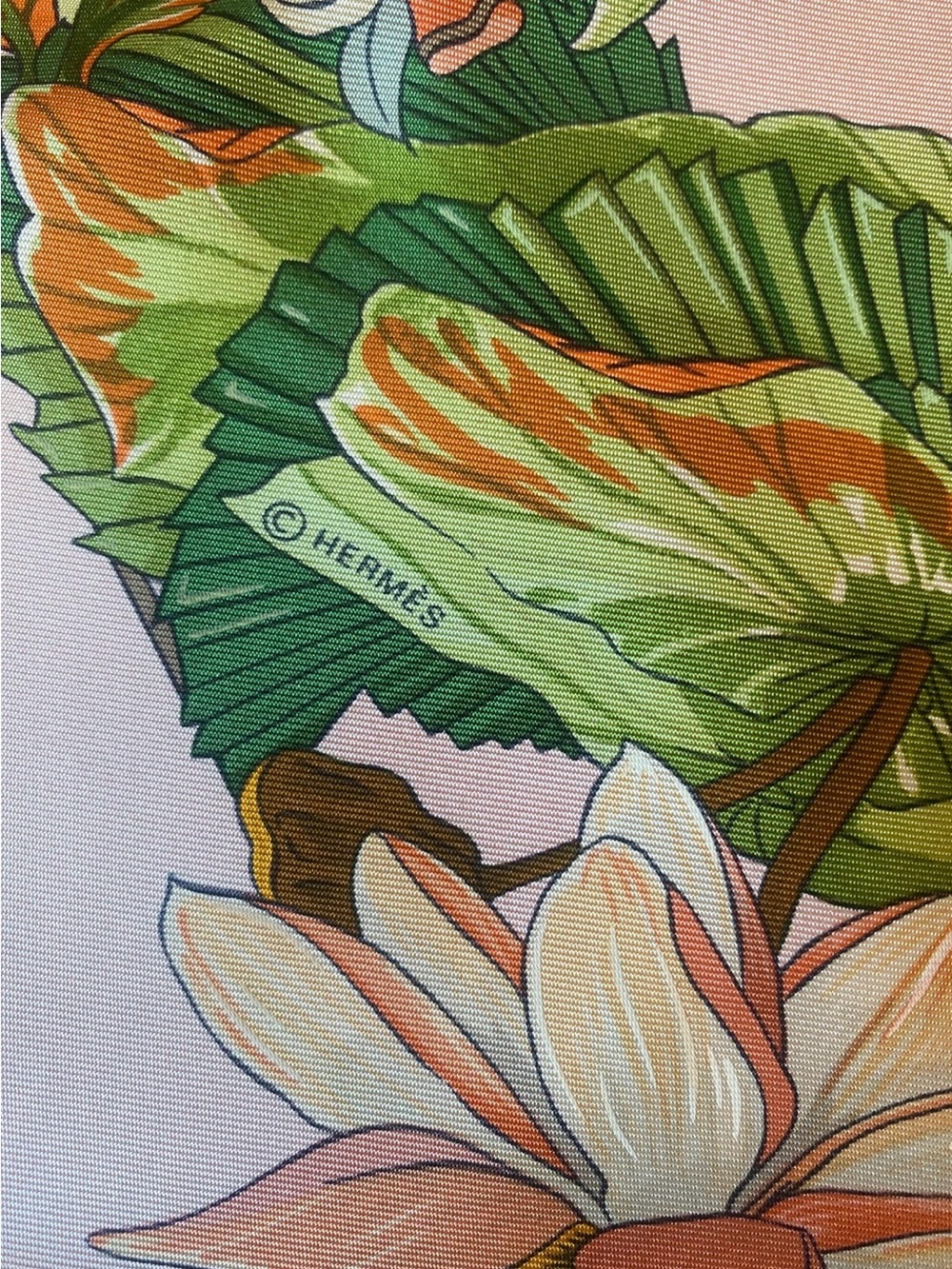 Hermes Pink and Green Silk Scarf with Lotus and River Scene - Picture 6 of 12